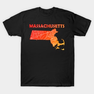 Colorful mandala art map of Massachusetts with text in red and orange T-Shirt